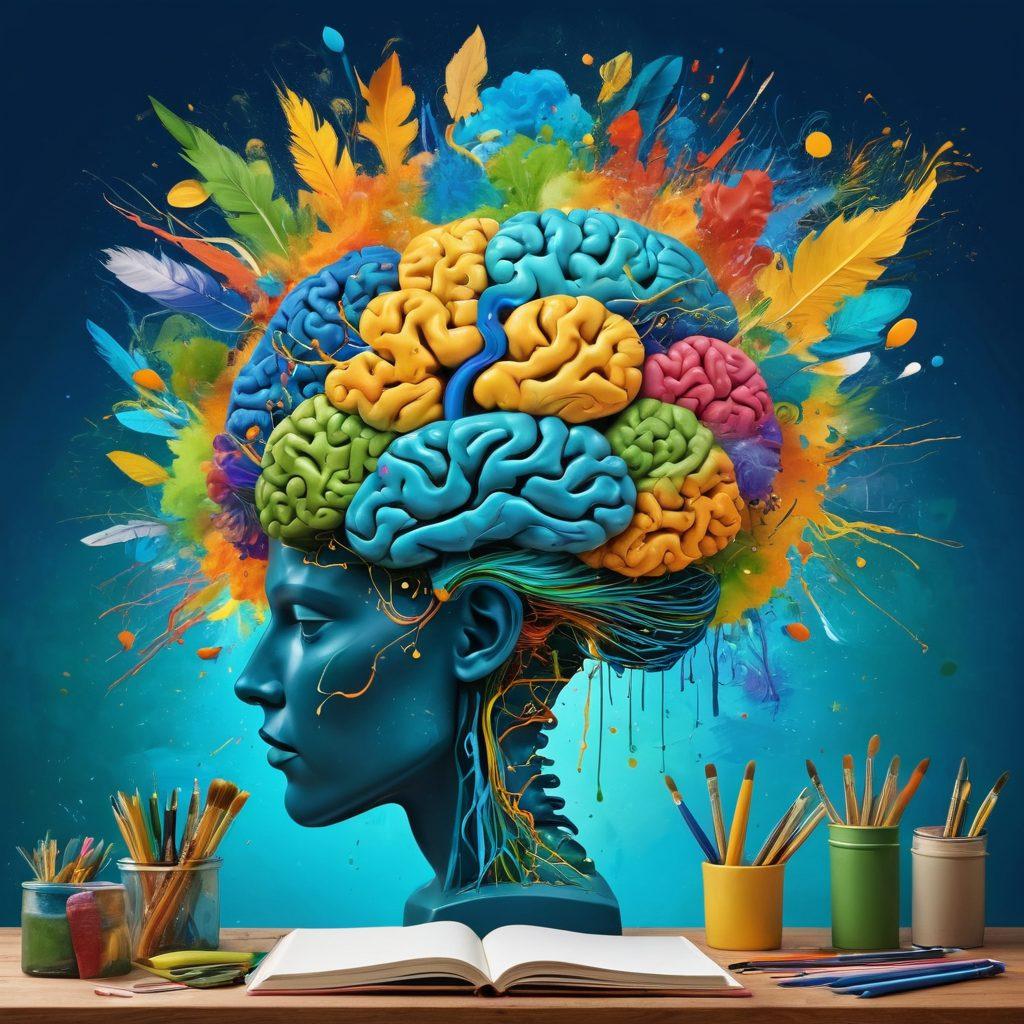 A colorful, abstract representation of a brain bursting with ideas, surrounded by various creative tools like paintbrushes, notebooks, and digital devices. The background features swirling hues of blue, yellow, and green symbolizing inspiration and growth. Include a silhouette of a person in a thoughtful pose to represent the journey of unlocking creativity. super-realistic. vibrant colors.