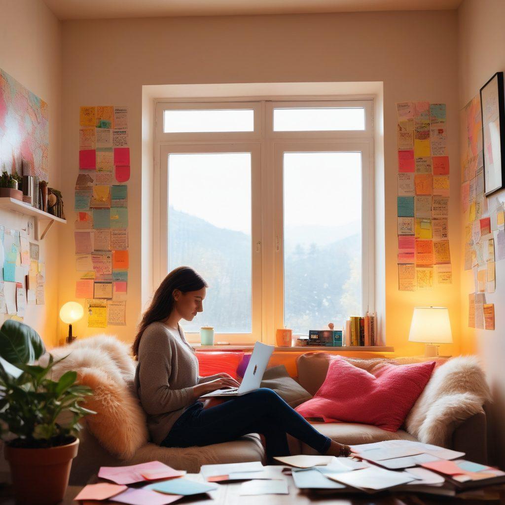 A person sitting in a cozy, well-lit room, typing on a laptop, surrounded by colorful sticky notes and books about blogging. A soft glow from a desk lamp highlights a vibrant world map on the wall, symbolizing the vastness of the blogosphere. Warm, inviting colors create a sense of creativity and inspiration, with an open window allowing sunlight to stream in. super-realistic. vibrant colors. cozy ambiance.