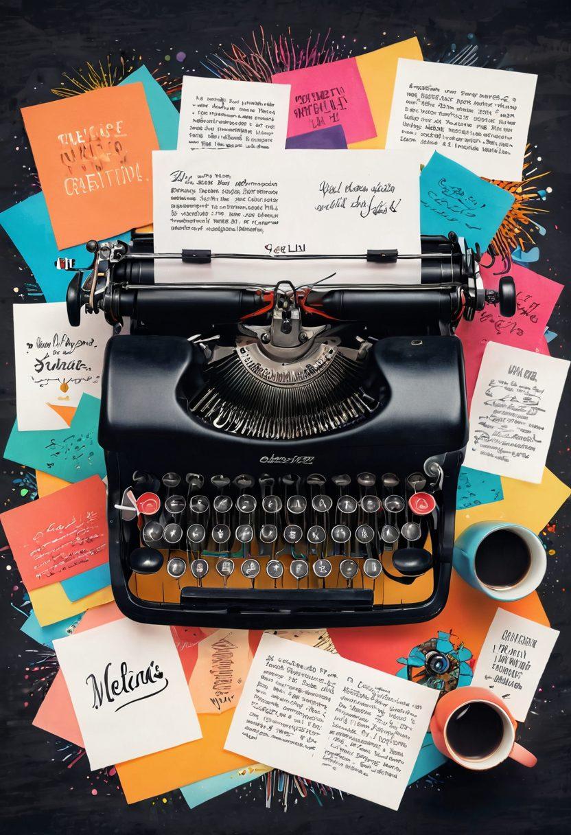 A vibrant collage showcasing a creative workspace with a vintage typewriter transformed into a modern laptop. Surrounding it are colorful bursts of handwritten notes, sketches, and imaginative written content in various fonts. The background features a motivational quote about creativity and typing. Include elements that symbolize inspiration, like lightbulbs and gears. bright colors. artistic illustration.